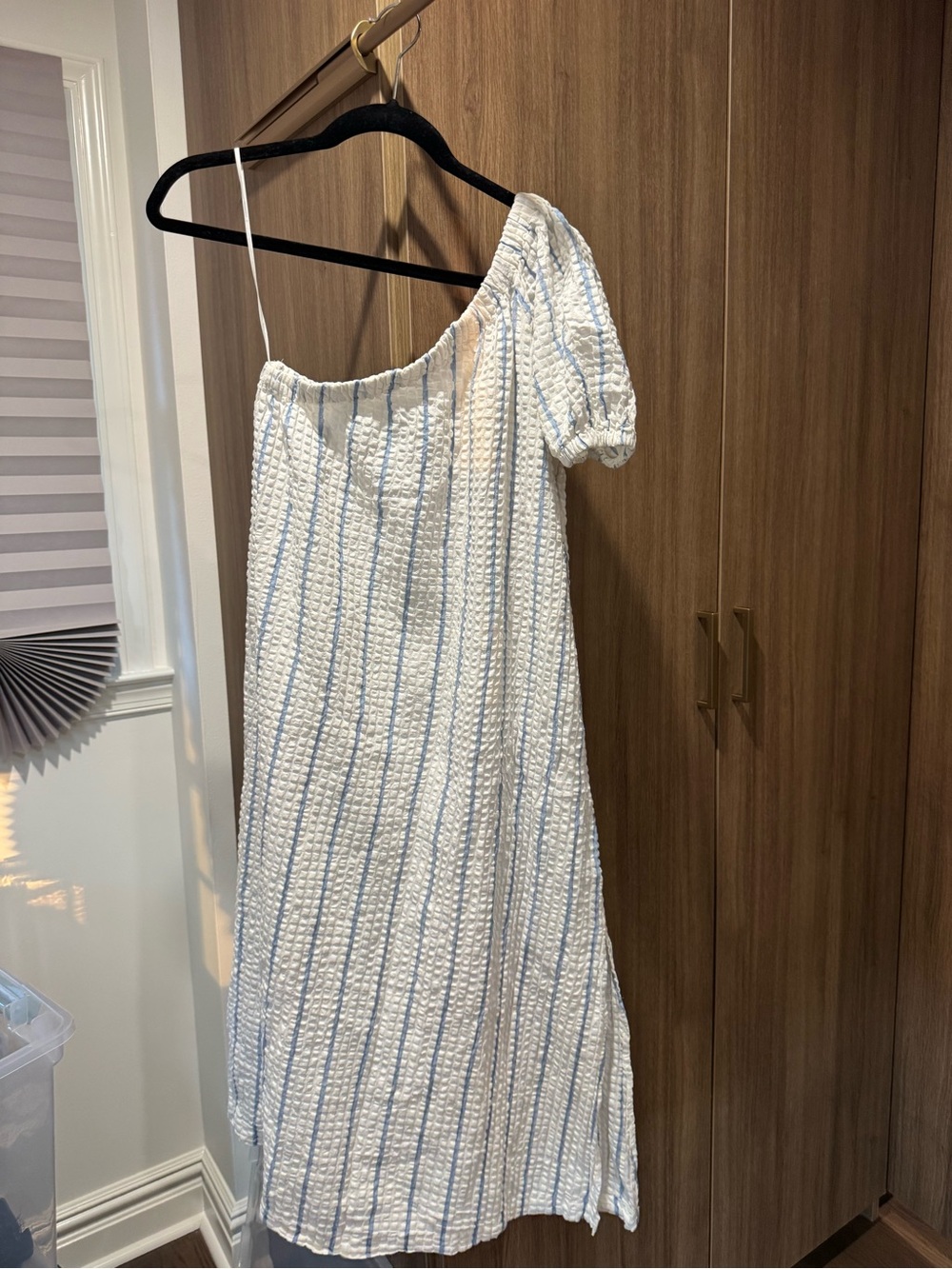 Madewell White Dress with Light Blue Stripes One-Shoulder
